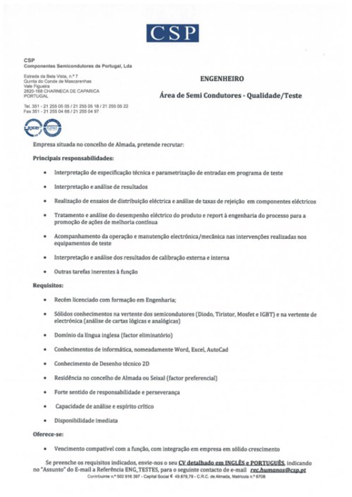 Abertura de Vaga - Engenheiro Área de Semi Condutores - Qualidade/Teste